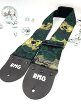 Load image into Gallery viewer, Gold Skulls and Green Roses Jacquard Bass Strap 3” Wide
