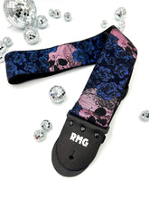 Load image into Gallery viewer, Pink Skulls and Indigo Roses Jacquard Bass Strap 3” Wide
