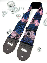 Load image into Gallery viewer, Pink Skulls and Indigo Roses Jacquard Bass Strap 3” Wide

